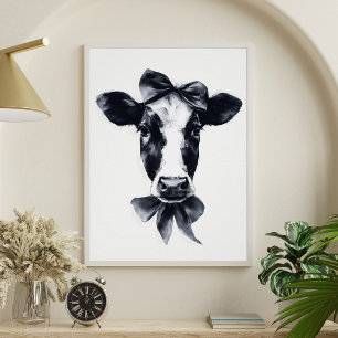Girly Bow Cute Black and White Cow Portrait Poster
