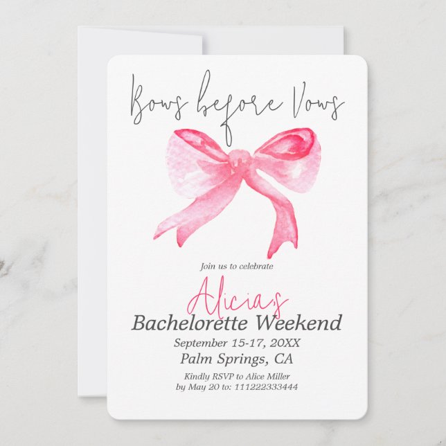 Girly Bows before Vows Pink Bachelorette Party Invitation (Front)