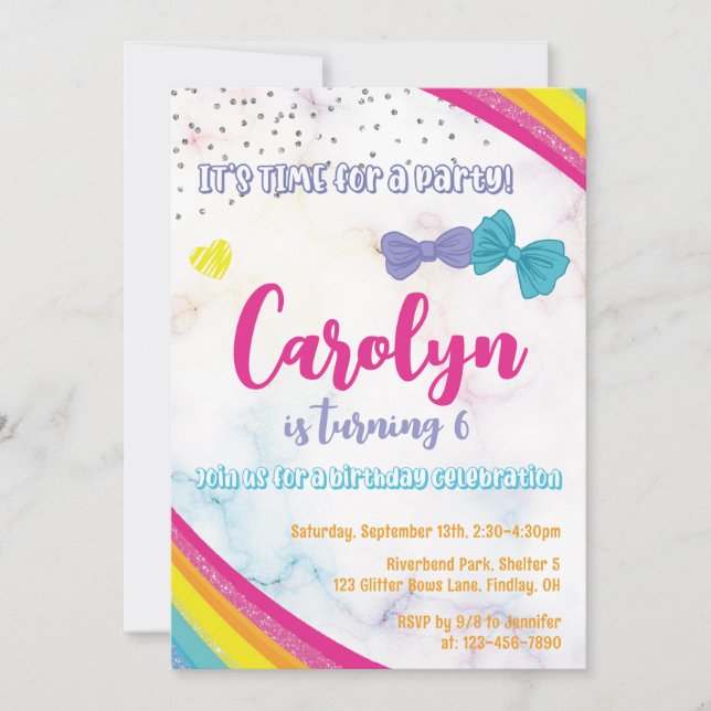Girly Bows Glitter Rainbow Birthday Party, Any Age Invitation (Front)