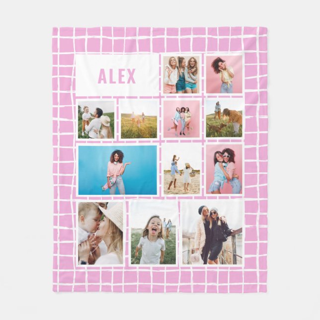 Girly bright pink 12 photo modern minimal abstract fleece blanket (Front)