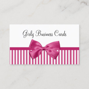 Girly Bright Pink and White Stripes Cute Pink Bow Business Card