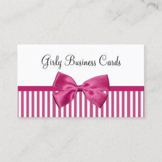 Girly Bright Pink and White Stripes Cute Pink Bow Business Card