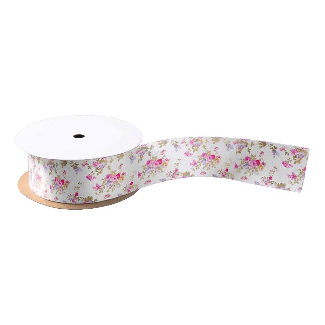 Girly bright pink gold country boho floral satin ribbon (Spool)