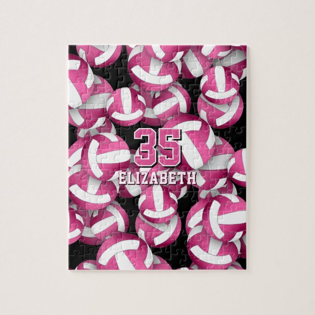 Girly bright pink white volleyballs pattern jigsaw puzzle (Vertical)