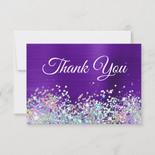 Girly Bright Purple Indigo Foil Holo Glitter Thank You Card
