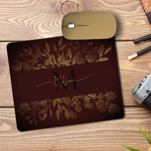 Girly Brown & gold glitter Vintage floral Monogram Mouse Pad