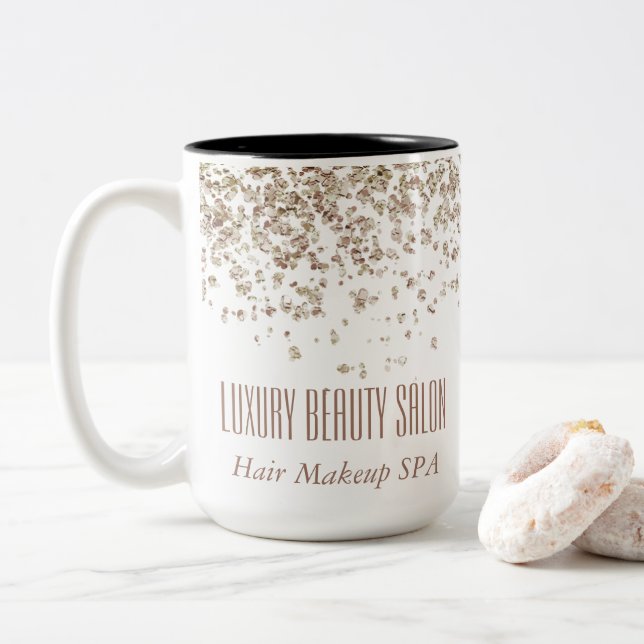 Girly Brown Gold Glittery Luxury Beauty Salon SPA Two-Tone Coffee Mug (With Donut)