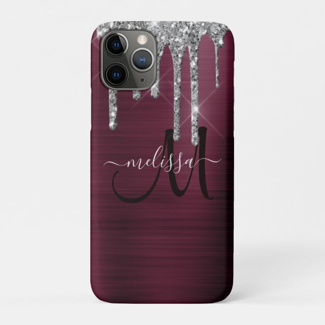 Girly Burgundy Brushed Metal Dripping Glitter Name Case-Mate iPhone Case (Back)