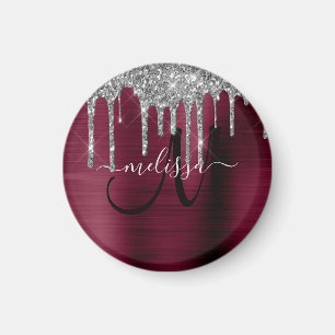Girly Burgundy Dripping Glitter Brush Metal Name Magnet