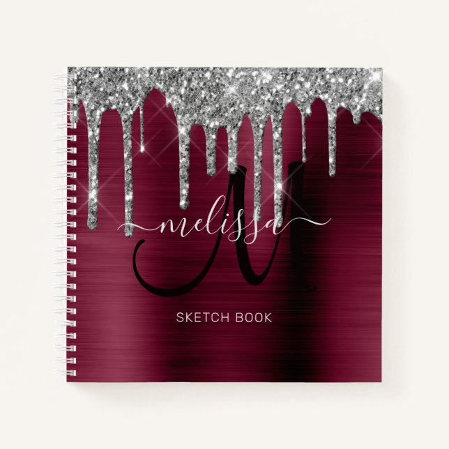 Girly Burgundy Dripping Glitter Brush Metal Name Notebook (Front)
