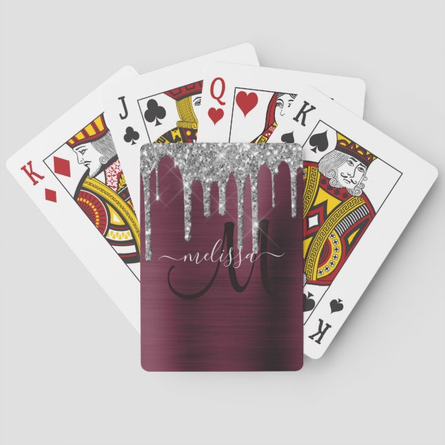 Girly Burgundy Dripping Glitter Brush Metal Name Playing Cards (Back)