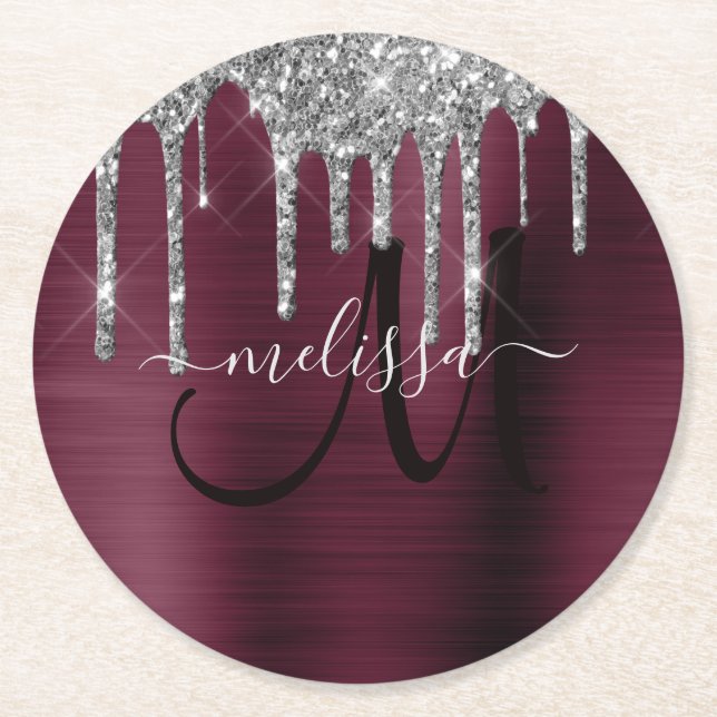 Girly Burgundy Dripping Glitter Brush Metal Name Round Paper Coaster (Front)
