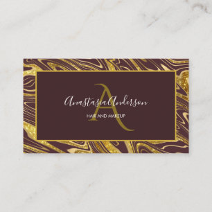 Girly Burgundy Gold Marble Glitter Glam Monogram Business Card