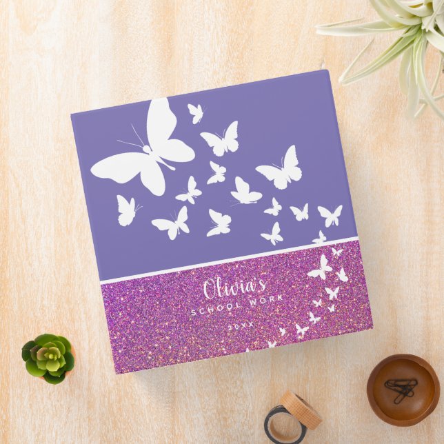 Girly Butterflies Personalized Glitter Purple Binder (In Situ)