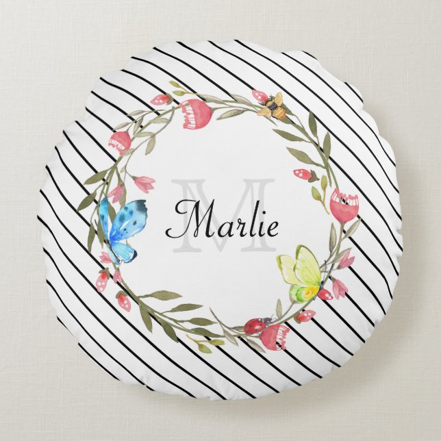 Girly Butterfly Floral Thin Black Stripes and Name Round Pillow (Front)