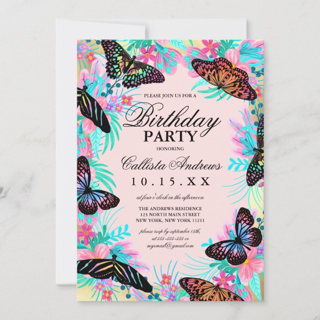 Girly Butterfly Flowers Leaves Watercolor Birthday Invitation (Front)