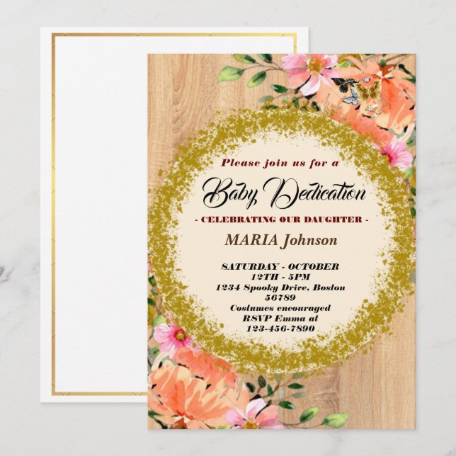 Girly Butterfly Watercolor Floral Baby Dedication  Invitation (Front/Back)