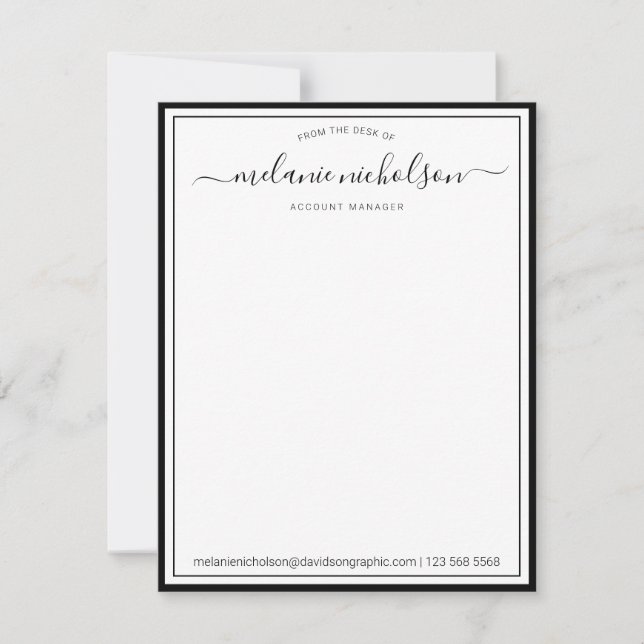 Girly Calligraphy From The Desk Of Black Border Thank You Card (Front)