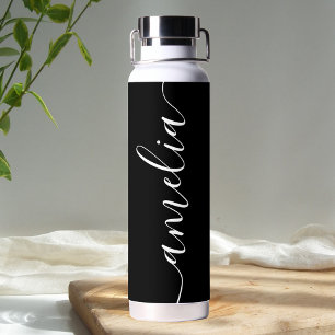 Girly Calligraphy Modern Black Water Bottle
