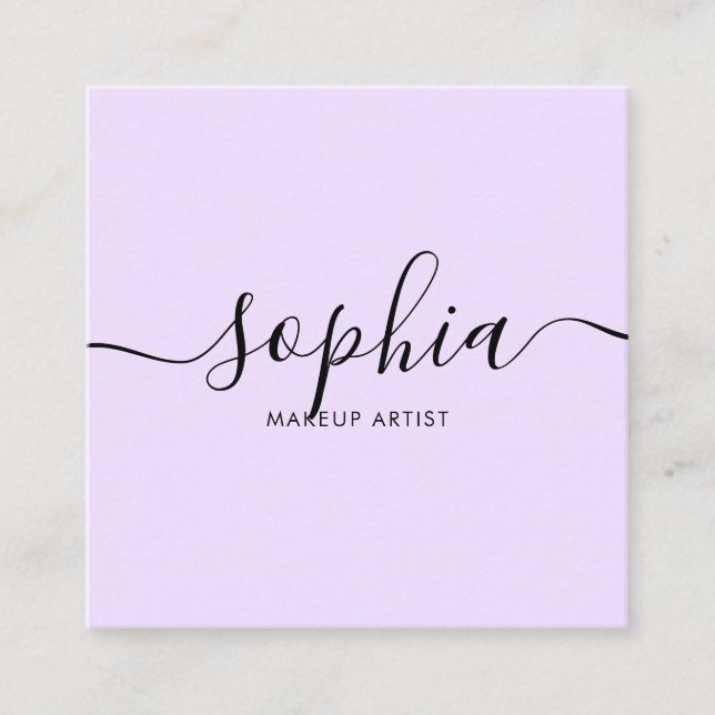 Girly Calligraphy Modern Light Purple Square Business Card (Front)
