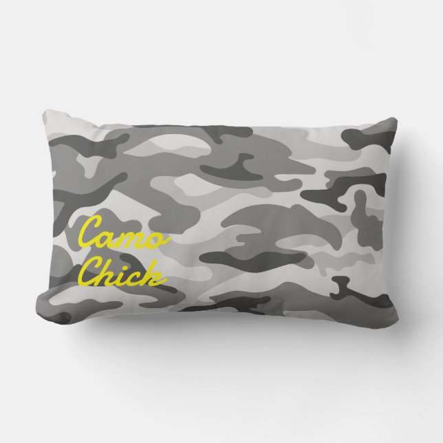Girly Camouflage Black & White Monogram Yellow | Lumbar Pillow (Front)