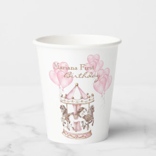 Girly Carousel Pink Unicorn First Birthday Paper Cups