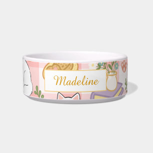 Girly Cat & Books Pink Ceramic Pet Bowl