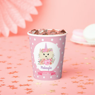 Girly Cat Unicorn Caticorn Meowgical Birthday Paper Cups