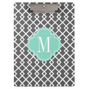 Girly Charcoal & Aqua Diamond Lattice Personalized Clipboard