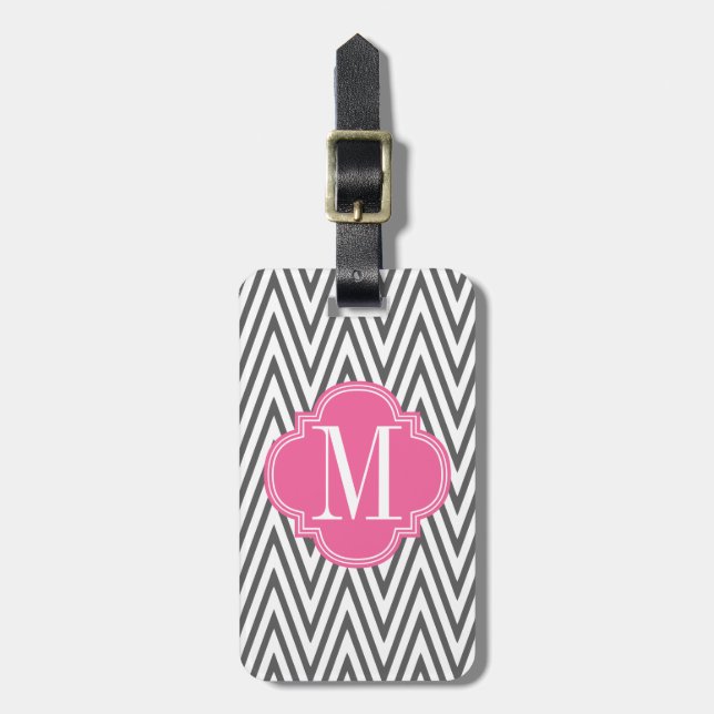 Girly Charcoal & Pink Chevron Stripes Custom Luggage Tag (Front Vertical)
