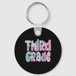 Girly Chequered Floral Third Grade Back To School  Keychain