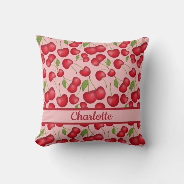 Girly Cherries pattern pink with personalize name Throw Pillow (Front)