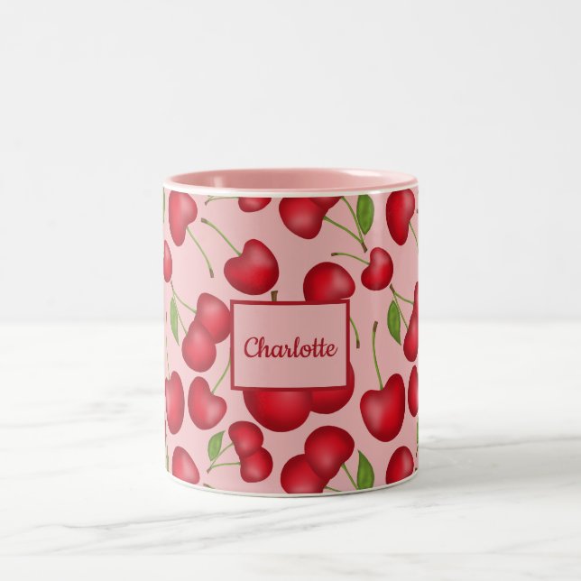 Girly Cherries pattern pink with personalize name Two-Tone Coffee Mug (Center)