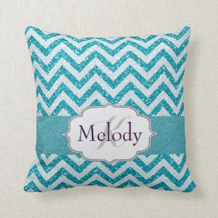 Girly Chevron Aqua Turquoise Blue Sparkle Glitter Throw Pillow