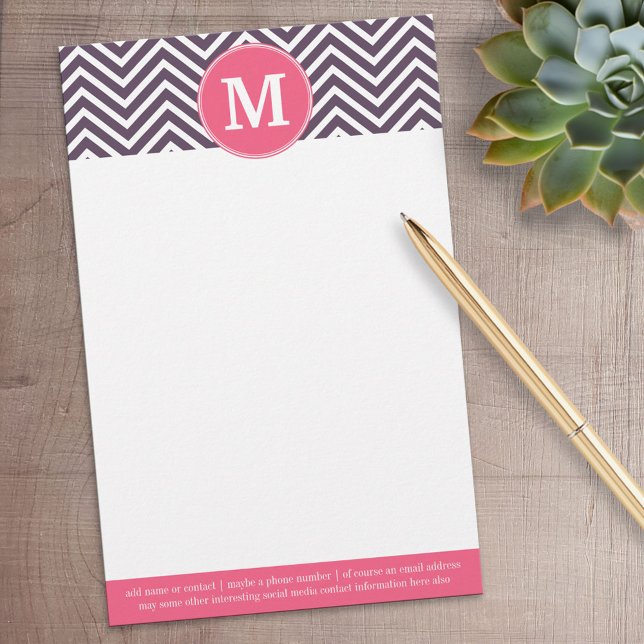Girly Chevron Pattern with Monogram - Pink Purple Stationery (Personalized Stationery)