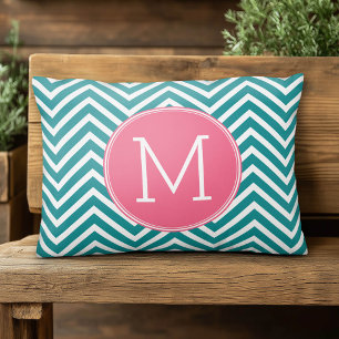 Girly Chevron Pattern with Monogram - Pink Teal Accent Pillow