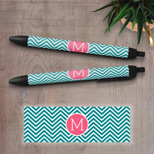 Girly Chevron Pattern with Monogram - Pink Teal Black Ink Pen