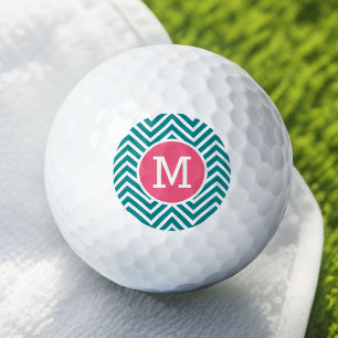 Girly Chevron Pattern with Monogram - Pink Teal Golf Balls