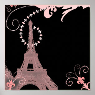 girly chic black and pink paris eiffel tower poster