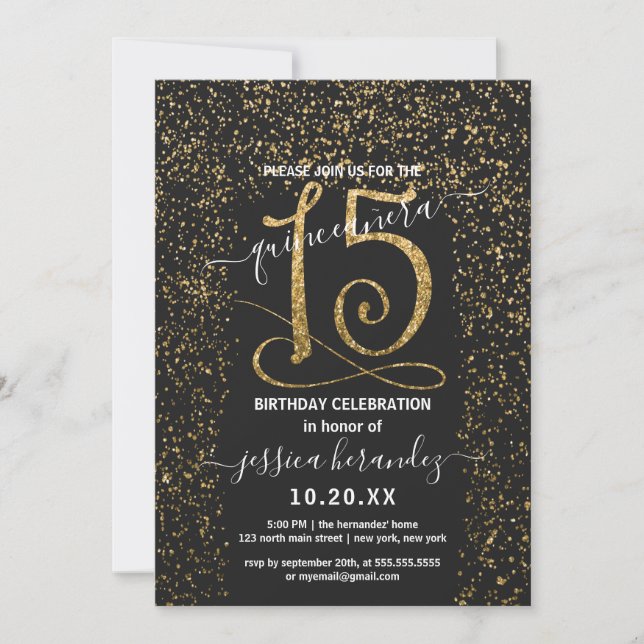 Girly Chic Black Gold Confetti Border Quinceañera Invitation (Front)