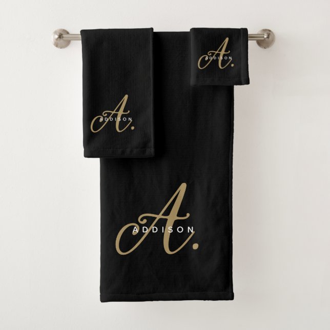 Girly Chic Black Gold Script Monogram Typography Bath Towel Set (Insitu)