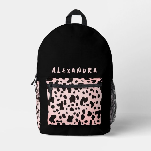 Girly Chic Black Pink Cow Animal Pattern Name Printed Backpack (Front)