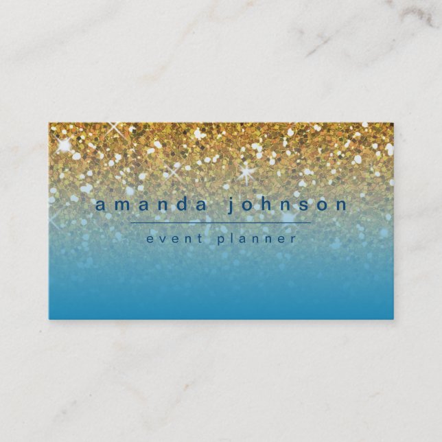 Girly Chic Blue with Gold Glitter Modern Business Card (Front)