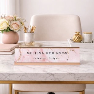 Girly Chic Blush Pink & Gold Marble Business Desk Name Plate