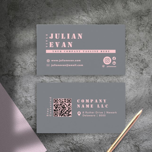 Girly Chic Blush Pink Grey Typography QR Code Business Card (Girly Chic Blush Pink Grey Typography QR Code Business Card)