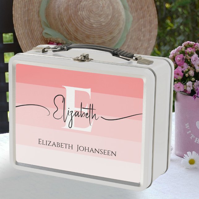 Girly Chic Blush Pink Stripes Monogram Script Name Metal Lunch Box (Creator Uploaded)