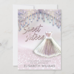 Girly chic dress drips  glittery holographic invitation