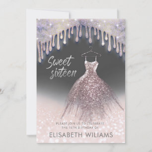Girly chic dress drips  rose gold glittery ombre invitation