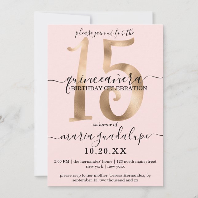 Girly Chic Faux Gold Blush Pink Quinceañera Invitation (Front)