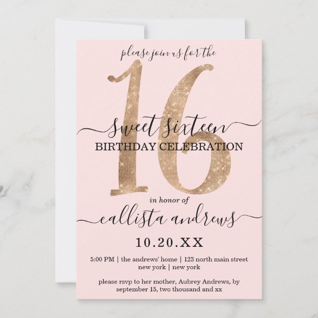 Girly Chic Faux Gold Glitter Blush Pink Sweet 16 Invitation (Front)